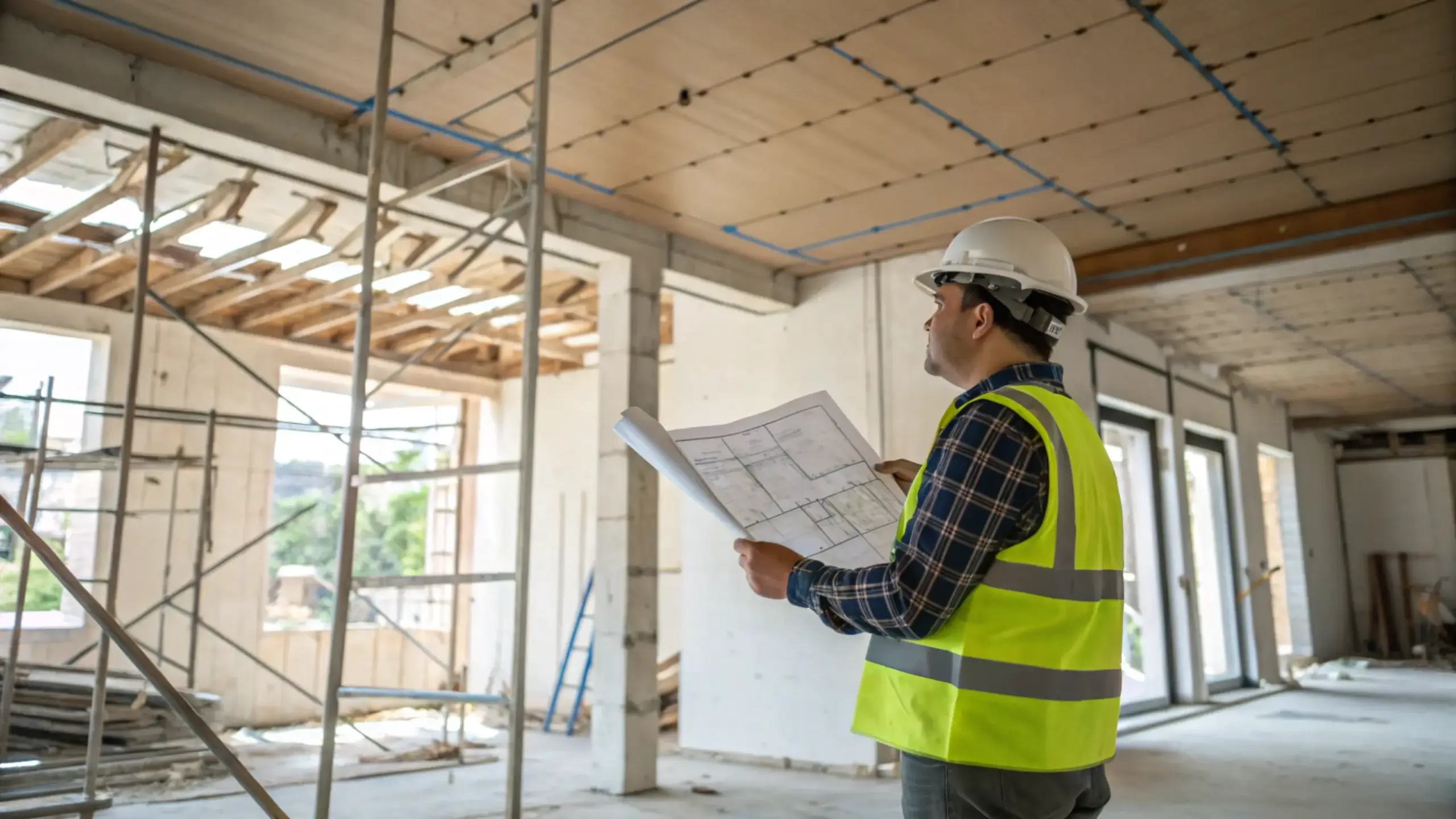 Bauprojekte München – Bauleiter prüft Pläne im Innenausbau