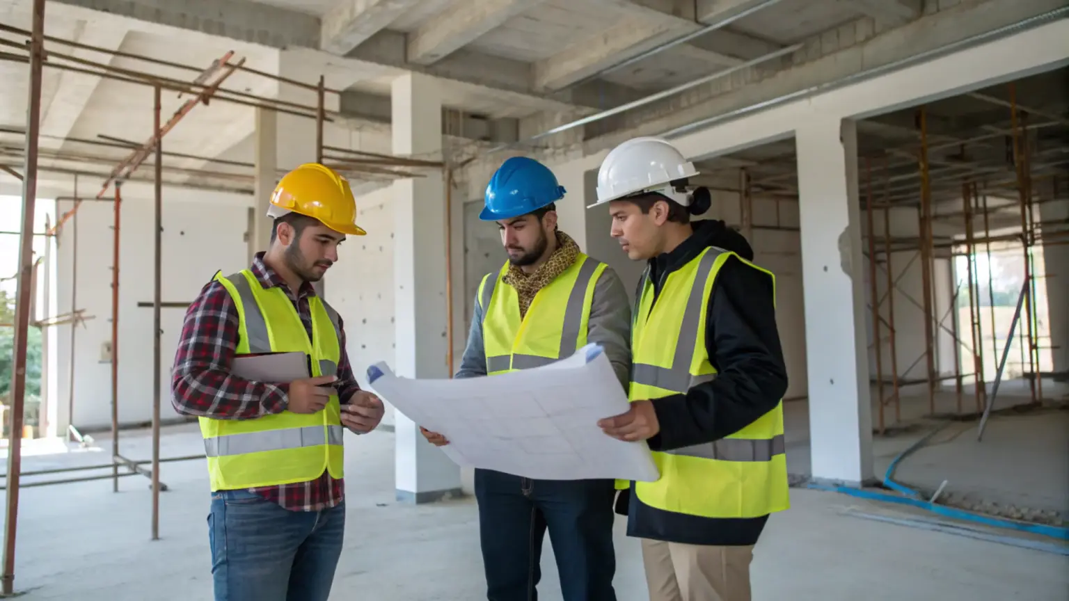 Team auf Baustelle prüft Baupläne im Rohbau